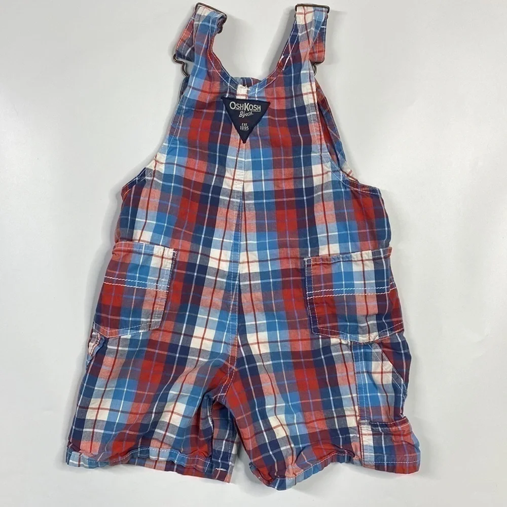 OshKosh B'gosh Vestback Plaid Cotton Shortalls Red White Blue Size 24 Months